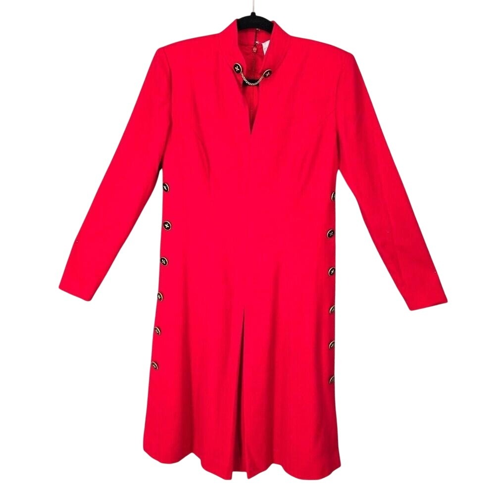 Vintage Richard Warren Red Wool Military Style Chain Neck Dress Womens‎ Size 4